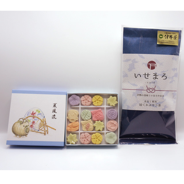 《鈴鹿園おすすめ！お茶とお菓子 セット》和三盆糖干菓子「千代箱 夏風流（青楓）」・水出し専用 かぶせ茶（冠茶） いせまろ -cold- 80g セット　（ティーマリアージュ・ティーペアリング）