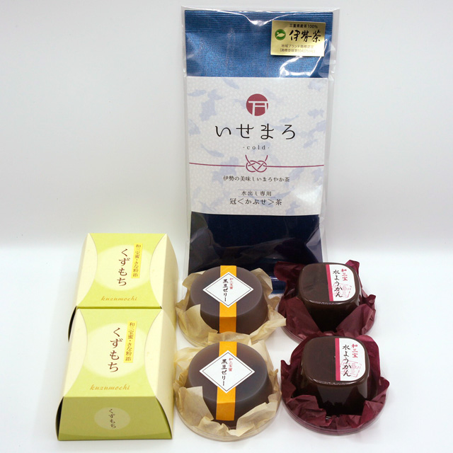 《お茶と水菓子のマリアージュ》香川県産和三盆糖使用 くずもち 2個・黒豆ゼリー2個・ 水ようかん ２個・水出し専用 かぶせ茶（冠茶） いせまろ -cold- 80g　セット　（ティーペアリング）