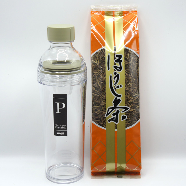 【カフェインレス】24時間365日おいしい伊勢茶生活 水出しほうじ茶 セット（フィルターインボトルポータブル 緑色 400ml 1本・くきほうじ茶100g）