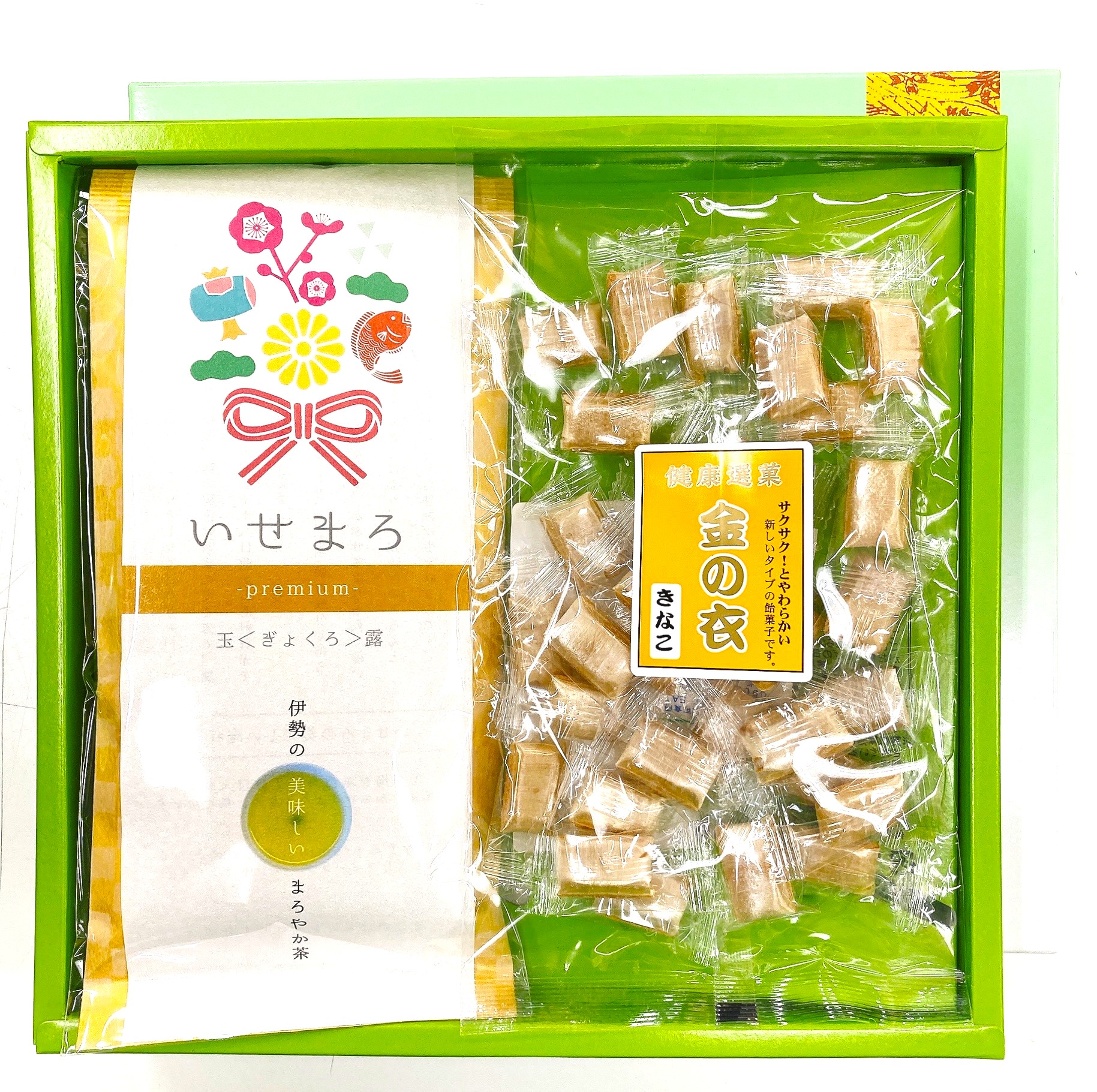 【敬老の日 ギフト】伊勢 玉露「いせまろ」80ｇ・きな粉飴菓子「金の衣」1袋 セット（ダブルゴールドセット）
