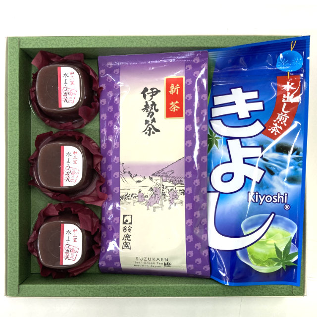 《定番！夏ギフト》 和三盆糖使用水ようかん3個・伊勢茶「末広がり」100g・水出し煎茶ティーバッグ「きよし」 セット