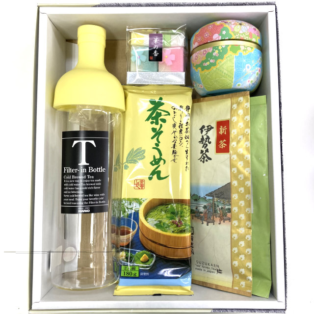 《夏ギフト》フィルターインボトル・茶そうめん・伊勢茶・茶缶・お茶菓子 まで入った たっぷり セット
