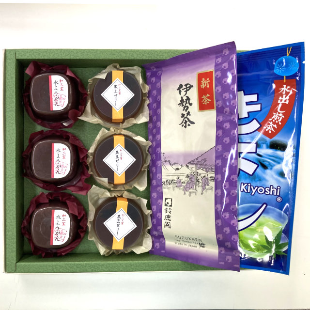 《定番！夏ギフト》 和三盆糖使用水ようかん3個・黒豆ゼリー3個・伊勢茶「末広がり」100g・水出し煎茶ティーバッグ「きよし」 セット