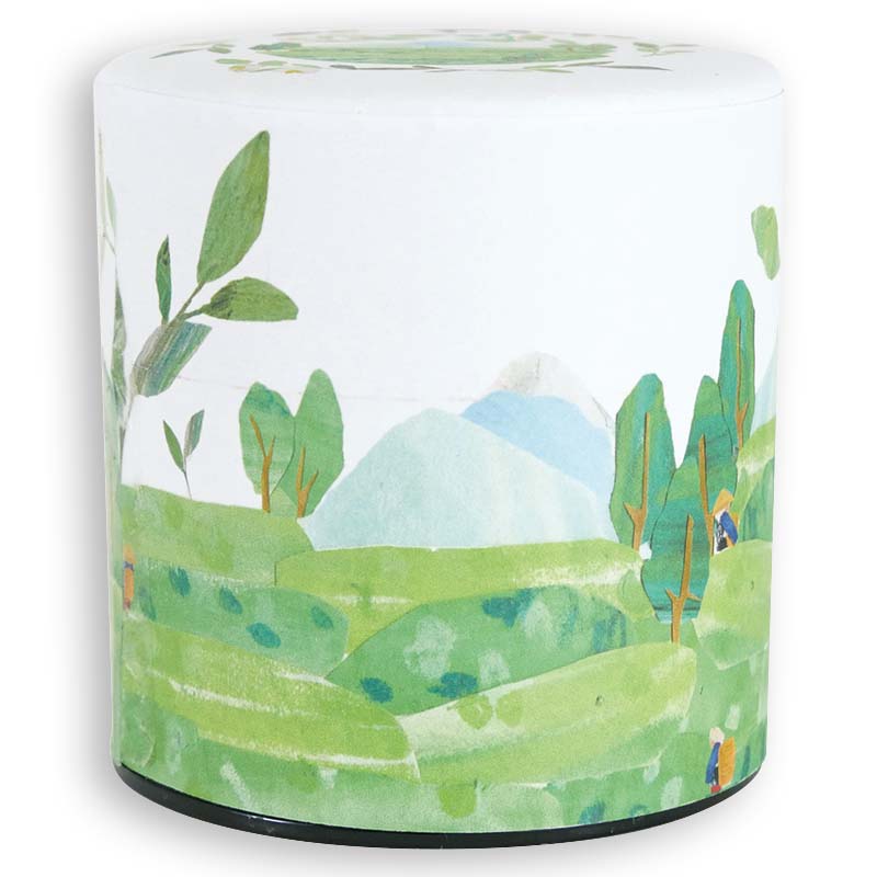 茶筒 （茶缶） 茶畑柄 お茶の風景 和紙貼り缶（茶葉100g用）1個（Tea Field Pattern Washi affixed can）