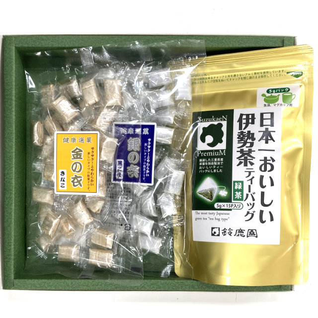 金の衣1袋・銀の衣1袋・伊勢茶ティーバッグ5g×15個入1袋 箱入セット