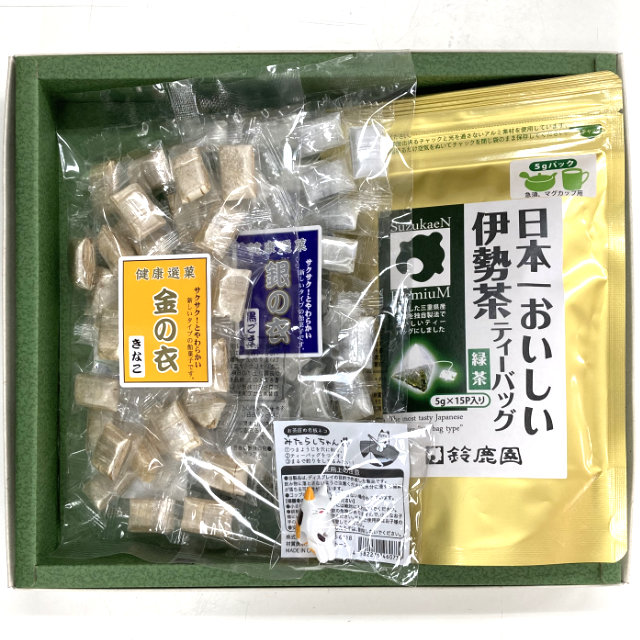 金の衣1袋・銀の衣1袋・伊勢茶ティーバッグ5g×15個入1袋・釣りするみたらしちゃん 箱入セット