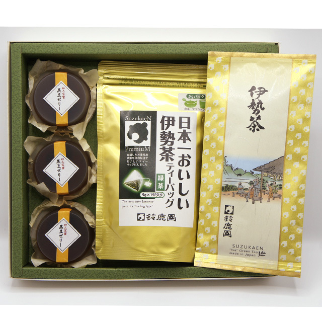 《父の日ギフト》高級伊勢茶「思いやり」100g・日本一おいしい伊勢茶ティーバッグ5g×15個入・黒豆ゼリー3つ セット