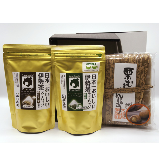 栗むしまんじゅう6個・日本一おいしい伊勢茶ティーバッグ緑茶とほうじ茶 各3g×15個入 セット