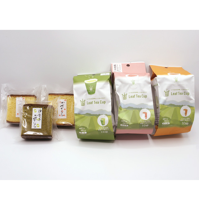 《鈴鹿園おすすめ！お茶とお菓子 セット》Leaf Tea Cup（リーフティーカップ）緑茶・ほうじ茶・和紅茶各1個 と 超しっとり！有精卵カステラ3個（伊勢茶味1個・プレーン2個） セット　（ティーマリアージュ・ティーペアリング）