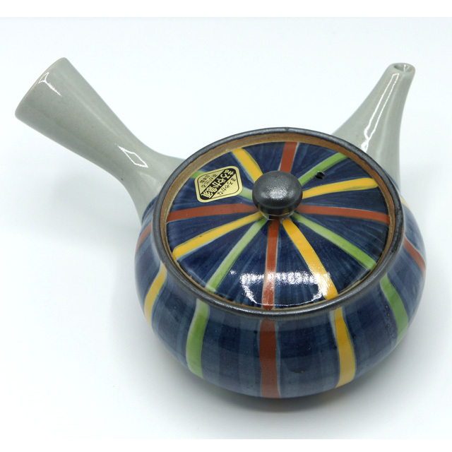 美濃焼 帯網  横手急須 青地 赤・黄・緑ライン柄