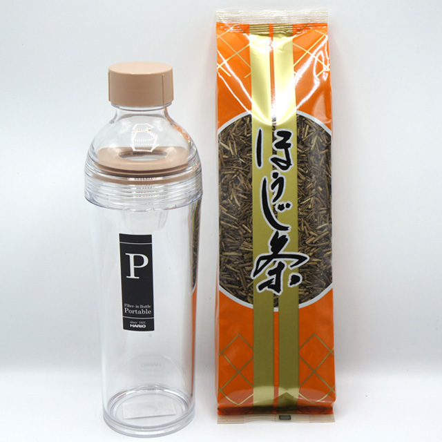 【カフェインレス】24時間365日おいしい伊勢茶生活 水出しほうじ茶 セット（フィルターインボトルポータブル ピンク色 400ml 1本・くきほうじ茶100g）
