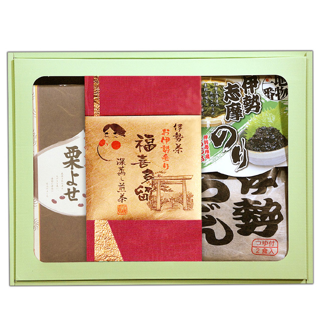 伊勢スペシャルセット（栗よせ６個入1、限定茶「福喜多留」1、伊勢うどん1、伊勢志摩のり1）