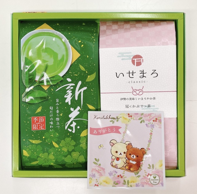 《母の日ギフト》鹿児島新茶50g・伊勢かぶせ茶100g・リラックマ「ありがとう」日本一おいしい伊勢茶ティーバッグ1個入　セット