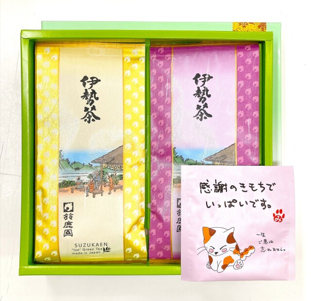 【敬老の日 ギフト】高級伊勢茶セット「思いやり」100ｇ・「味好み」100ｇ・お茶屋の看板猫みたらしちゃん「感謝のきもちでいっぱいです。」緑茶ティーバッグ1個 箱入り