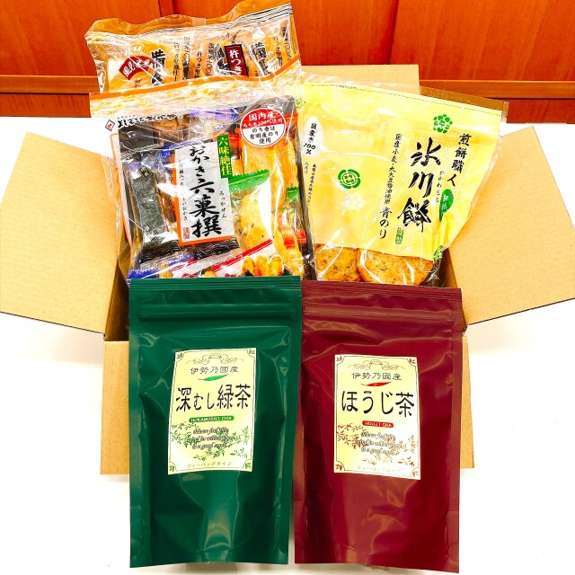 【敬老の日 ギフト】おせんべい大好き セット　おせんべい・おかき3種とティーバッグ2種（緑茶・ほうじ茶）