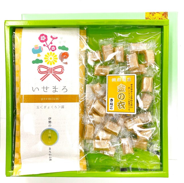 【敬老の日 ギフト】伊勢 玉露「いせまろ」80ｇ・きな粉飴菓子「金の衣」1袋 セット（ダブルゴールドセット）