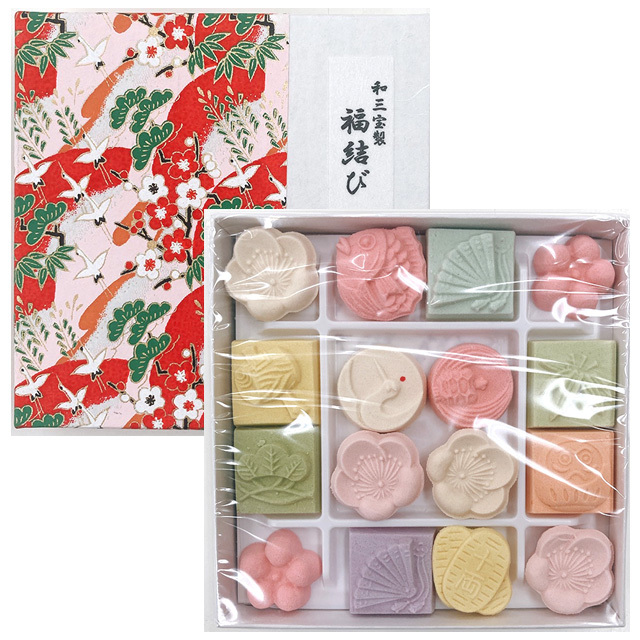 和三盆糖 干菓子「千代箱 和三宝製 福結び」　（お祝い・寿・婚礼・おめでたい）