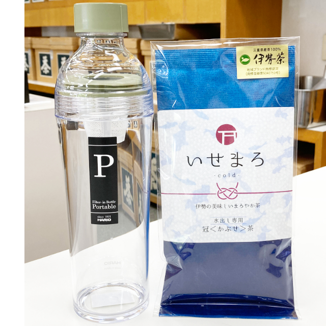 小笹も超愛用！ フィルターインボトルポータブル スモーキーグリーン (容量400ml　急須ボトル) ・水出しかぶせ茶「いせまろcold」 80g セット