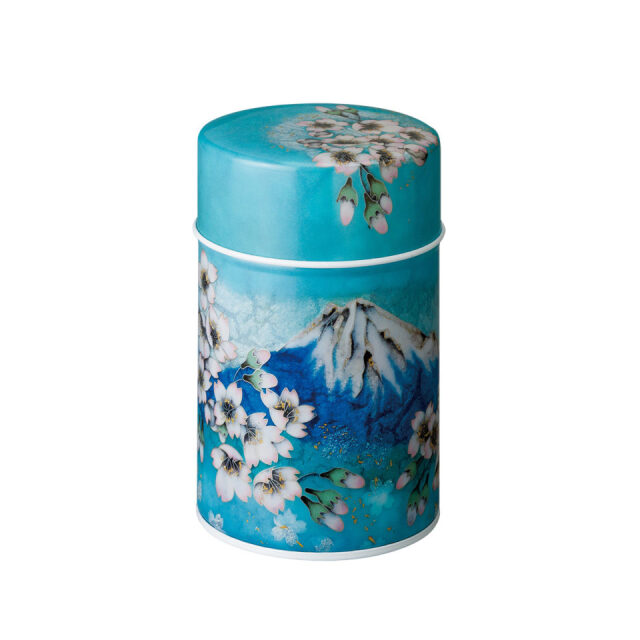 富士山と桜柄の茶缶（茶筒）茶葉150g入ります　Fuji and cherry blossom patterned tea can (tea canister), holds 150g of tea leaves