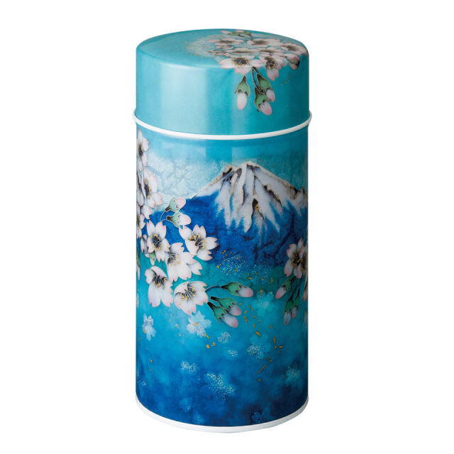 富士山と桜柄の茶缶（茶筒） 茶葉200g入ります　Fuji and cherry blossom pattern tea can (tea canister), holds 200g of tea leaves