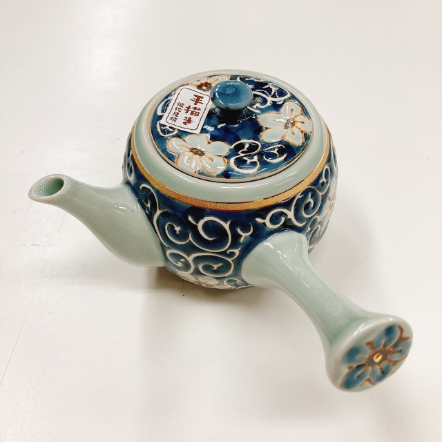 波佐見焼 手描き ポコ網（陶器網） カップアミ付き 横手急須 磁器 唐草 花柄