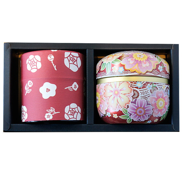 バラ柄和紙貼り缶に伊勢茶「思いやり」50g・赤い花柄マリーヌ缶に伊勢茶「味好み」50gセット