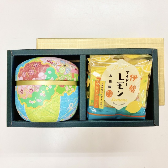 《夏ギフト》茶缶 に 高級伊勢茶「味好み」100ｇ・伊勢 マイヤーレモン 水饅頭 4個入 セット