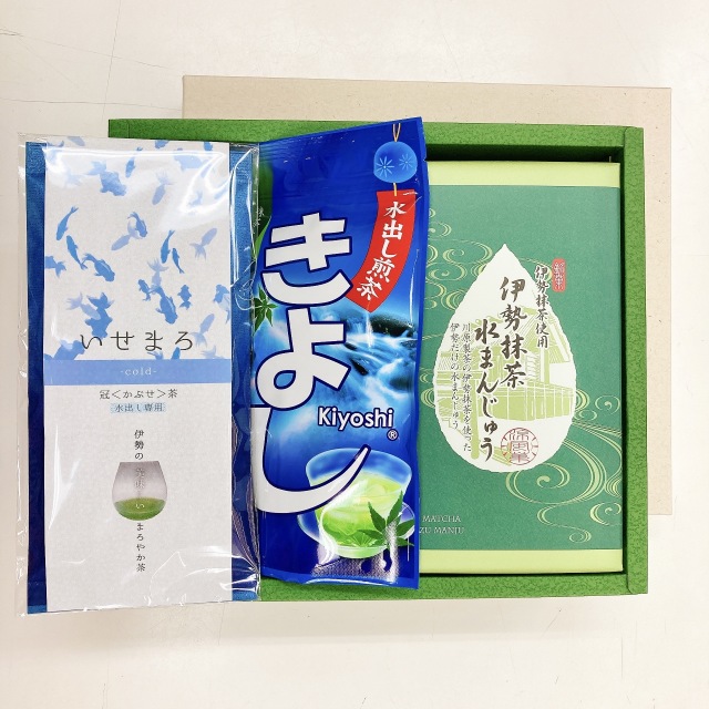 《夏ギフト》水出し専用かぶせ茶「いせまろ」80ｇ・水出し煎茶ティーバッグ「きよし」5g×15袋入り・伊勢茶水饅頭6個入り セット