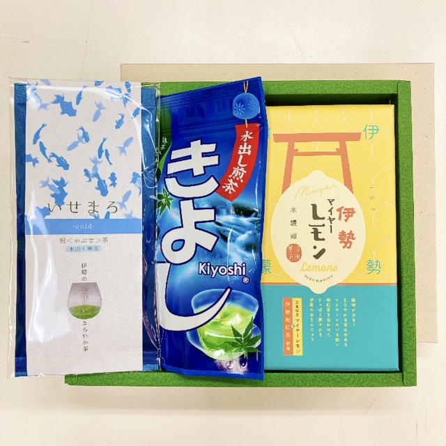 《夏ギフト》水出し専用かぶせ茶「いせまろ」80ｇ・水出し煎茶ティーバッグ「きよし」5g×15袋入り・マイヤーレモン水饅頭6個入り セット