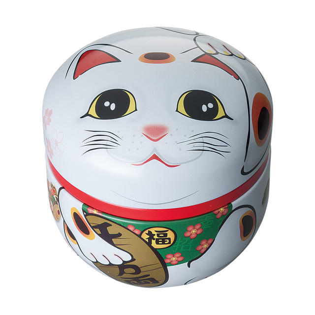 茶缶 鈴子 招き猫 白（茶筒・鈴子缶・まねきねこ）１個　1 tea can, Suzuko bell, beckoning cat, white (tea can, Suzuko can, maneki neko)（ねこ　ネコ　猫　缶　茶缶）