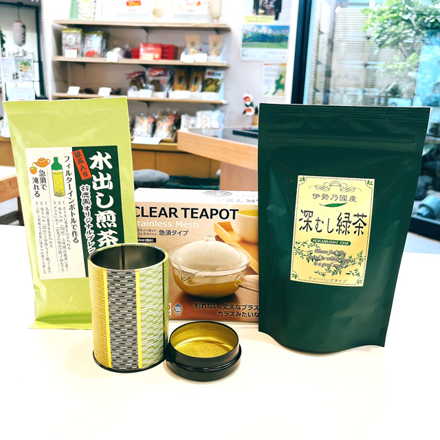お茶生活を気軽にするセット（割れない急須、中フタなし茶缶、気楽な緑茶ティーバッグ、水出し煎茶）