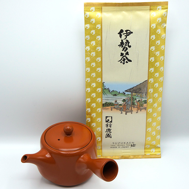 角平アミ 横手急須（朱泥 柄なし）、伊勢茶「思いやり」100g