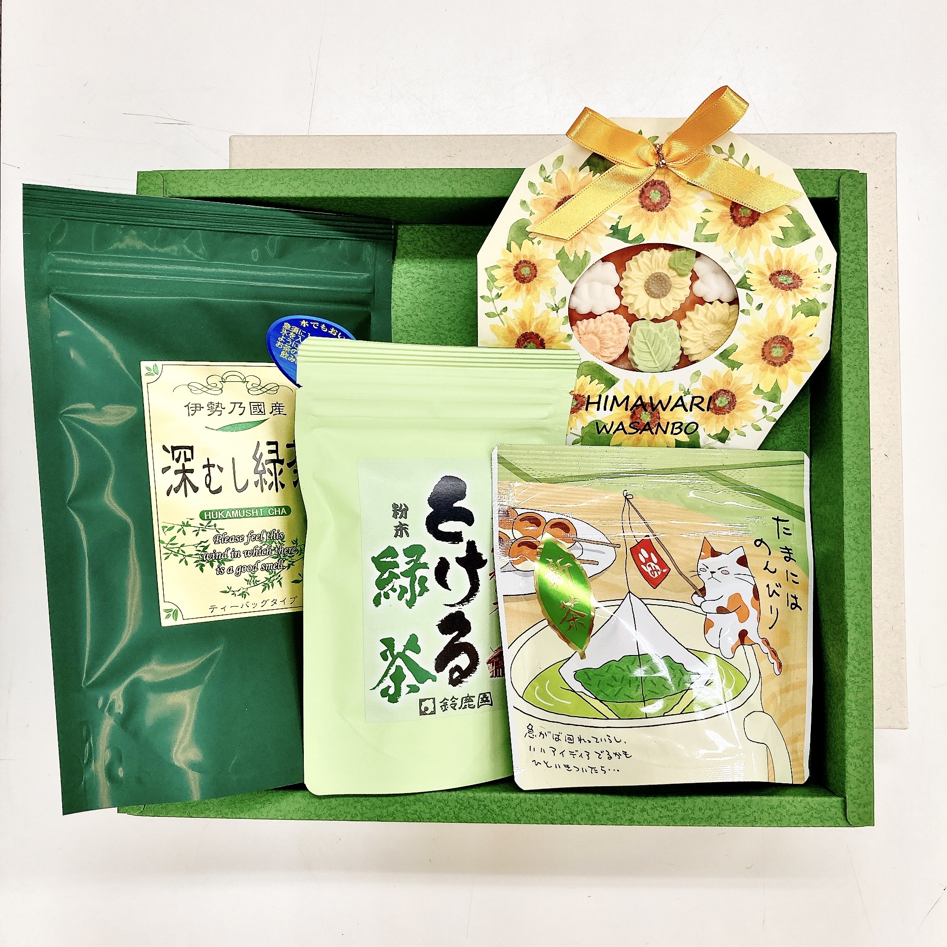 《夏ギフト》 水出し 深蒸し緑茶ティーバッグ（糸なし） 5g×20袋、粉末茶 とける緑茶 50g 、みたらしちゃん 新茶ティーバッグ（糸付） 3g×10袋、和三盆糖干菓子「HIMAWARI WASANBO」1包 セット