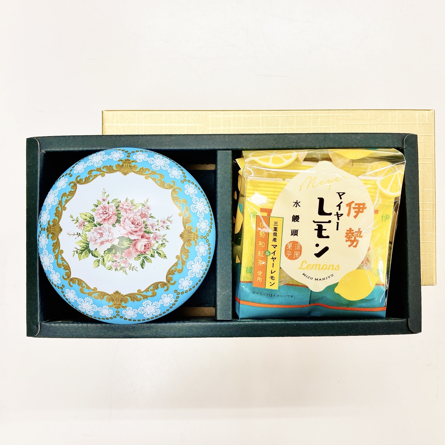《夏ギフト》茶缶 に 最高級伊勢茶「とっておき」100ｇ・伊勢 マイヤーレモン 水饅頭 4個入 セット