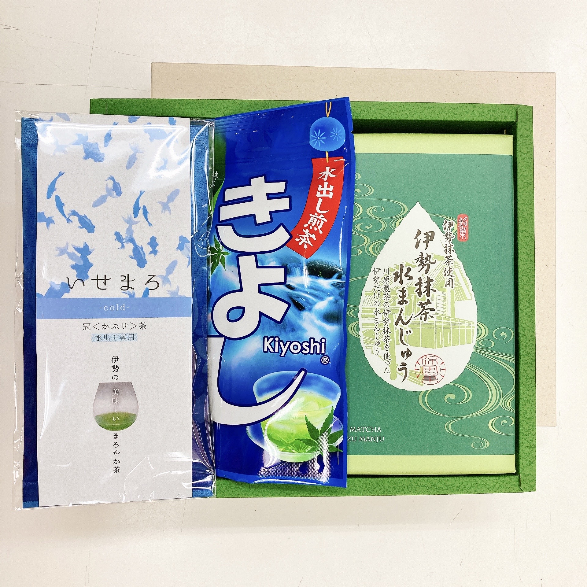 《夏ギフト》水出し専用かぶせ茶「いせまろ」80ｇ・水出し煎茶ティーバッグ「きよし」5g×15袋入り・伊勢茶水饅頭6個入り セット