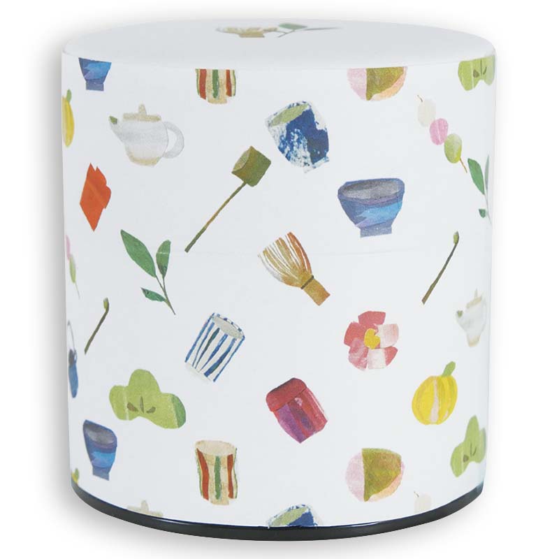 茶筒 （茶缶）「お茶の時間」 和紙貼り缶（茶葉100g用）１個