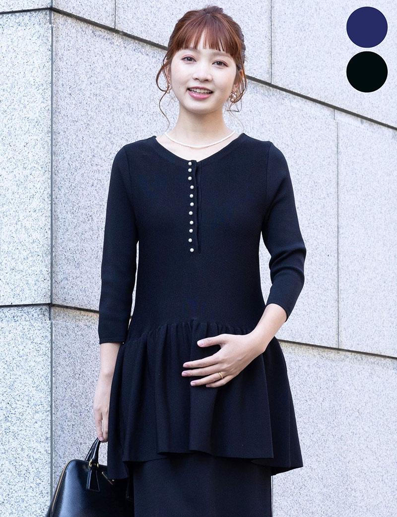 前後2WAYブラウス風ペプラムニットトップス マタニティ 授乳服 産後も使える