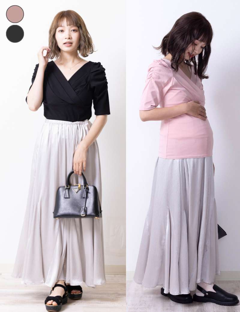 【SALE】カシュクールトップス×フレアスカート セットアップ マタニティ 授乳服 産後も使える