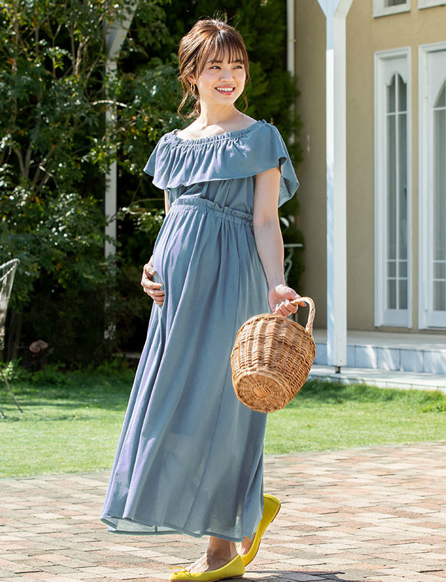 授乳服マタニティウェア オフショルダー ロングスカート マタニティセットアップ スウィートマミー本店