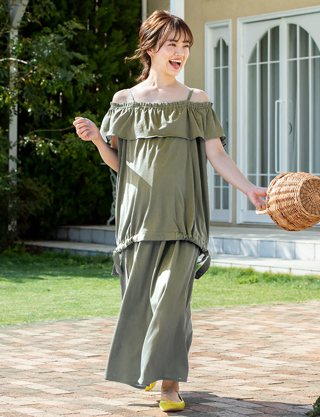 授乳服マタニティウェア オフショルダー ロングスカート マタニティセットアップ スウィートマミー本店