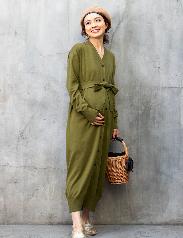 授乳服マタニティウェア 前開きニットマキシワンピース