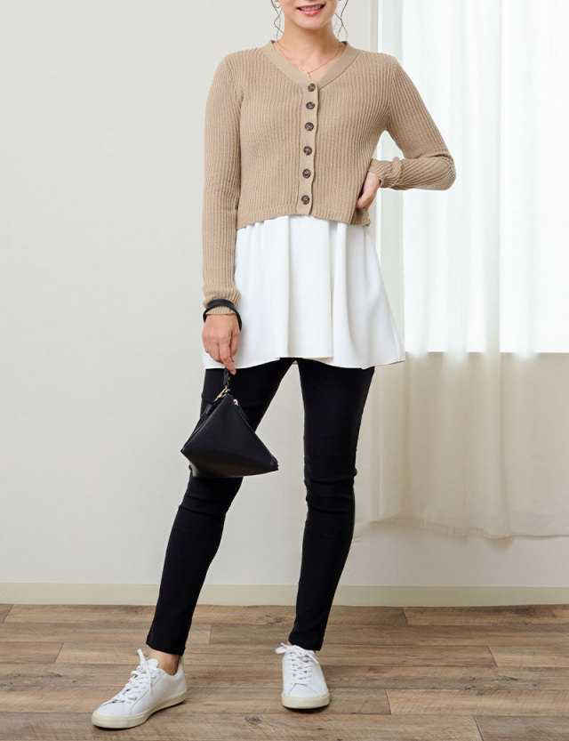 マタニティ服 Vネックニットカーディガン & 授乳対応キャミソールセット ニット オーガニックコットン 授乳服 羽織り Vネック 春 秋 冬 SweetMommy(授乳服&マタニティ) マタニティ服 Vネックニット