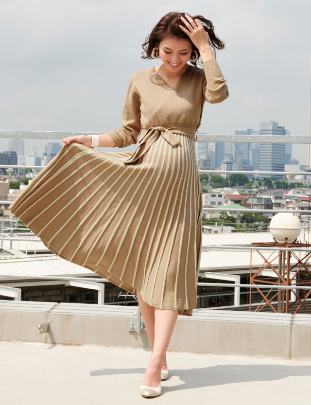 カシュクール ニットプリーツワンピース 授乳服マタニティウェア スウィートマミー本店