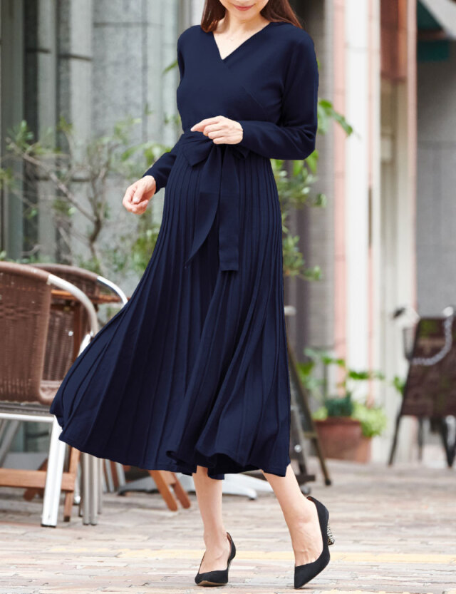 【訳ありアウトレット】※リボンなし※ カシュクールニットプリーツワンピース