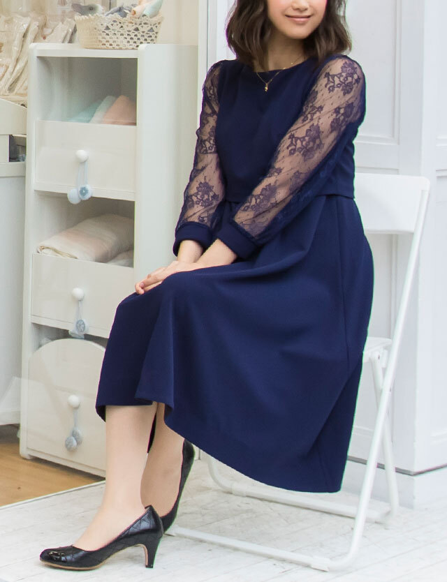 レース袖テールカットワンピース 授乳服マタニティウェア