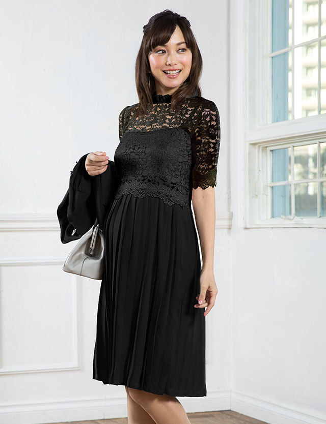 授乳服マタニティウェア ハイネックレーストップス プリーツワンピセット