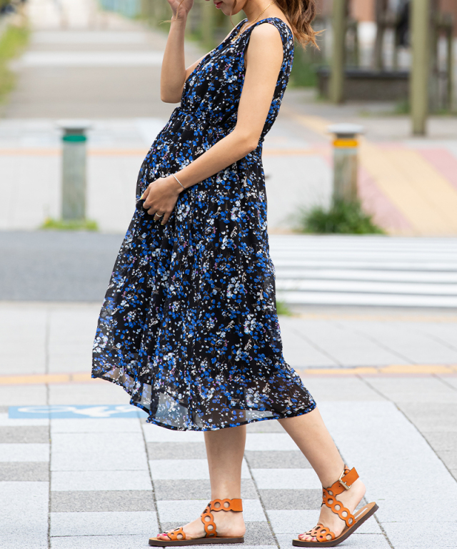 授乳服マタニティウェア シフォンノースリーブ ロングワンピース