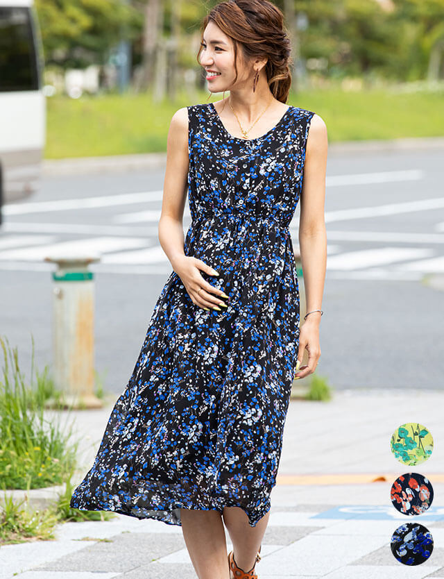 授乳服マタニティウェア シフォンノースリーブ ロングワンピース