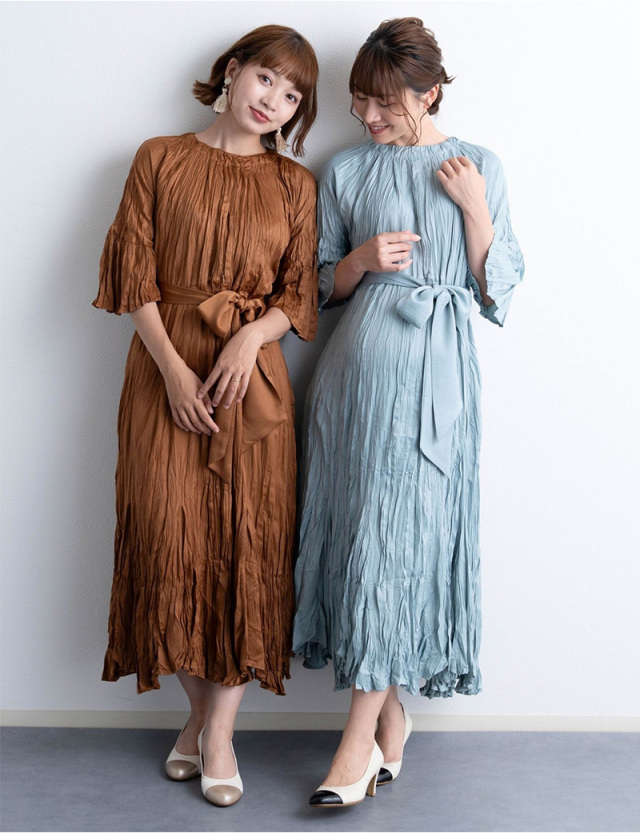 ランダムプリーツ 5分袖ワンピース 授乳服マタニティウェア【ご試着可】