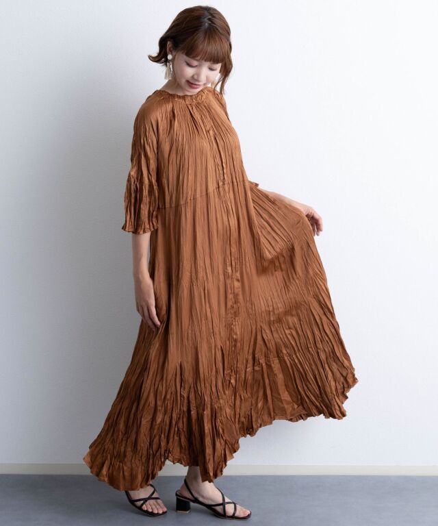 ランダムプリーツ 5分袖ワンピース 授乳服マタニティウェア